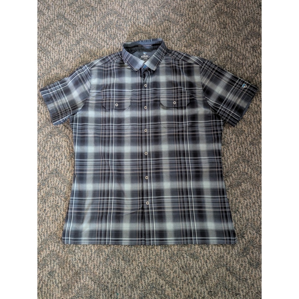 Kuhl Mens Large Gray Black Plaid Short Sleeve Button Down Hiking Shirt